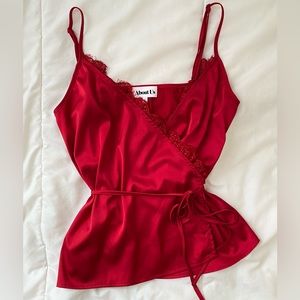 REVOLVE Satin Red Wrap Top